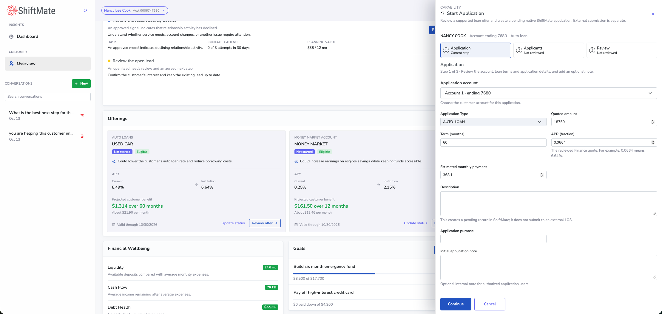 ShiftMate Start Application form for a pending native application, with an explicit note that external LOS submission is separate.