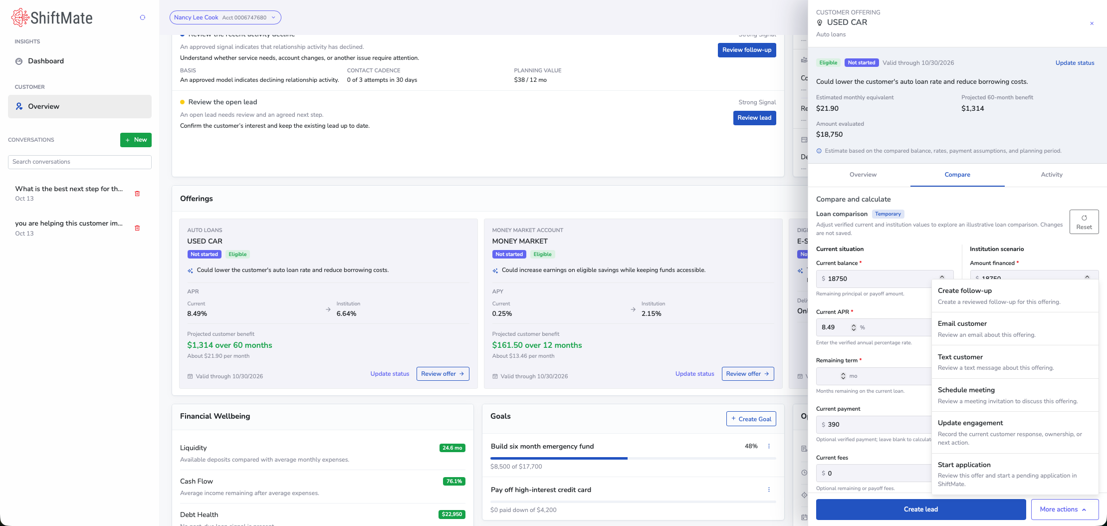 ShiftMate offer actions menu showing follow-up, reviewed email and text, scheduling, engagement updates, and application preparation.
