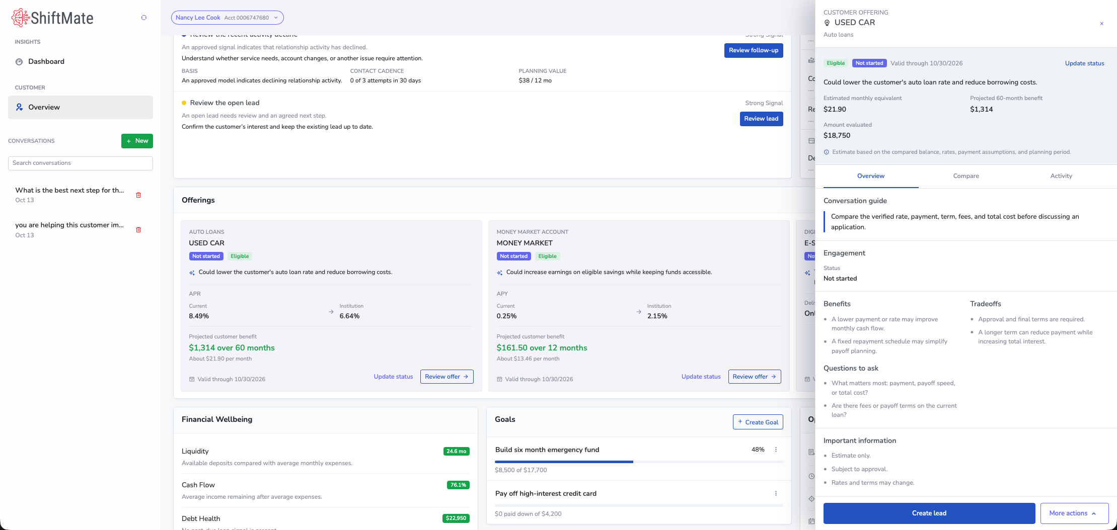 ShiftMate offer review showing a synthetic member’s loan opportunity, estimated benefit, conversation guidance, and engagement status.